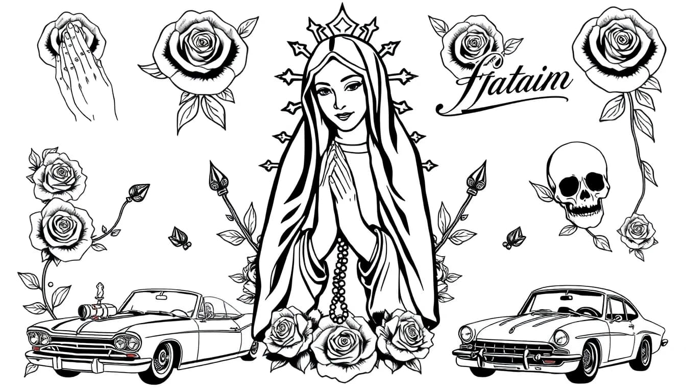 Chicano Tattoo - AI generated tattoo design examples showing chicano tattoo style characteristics