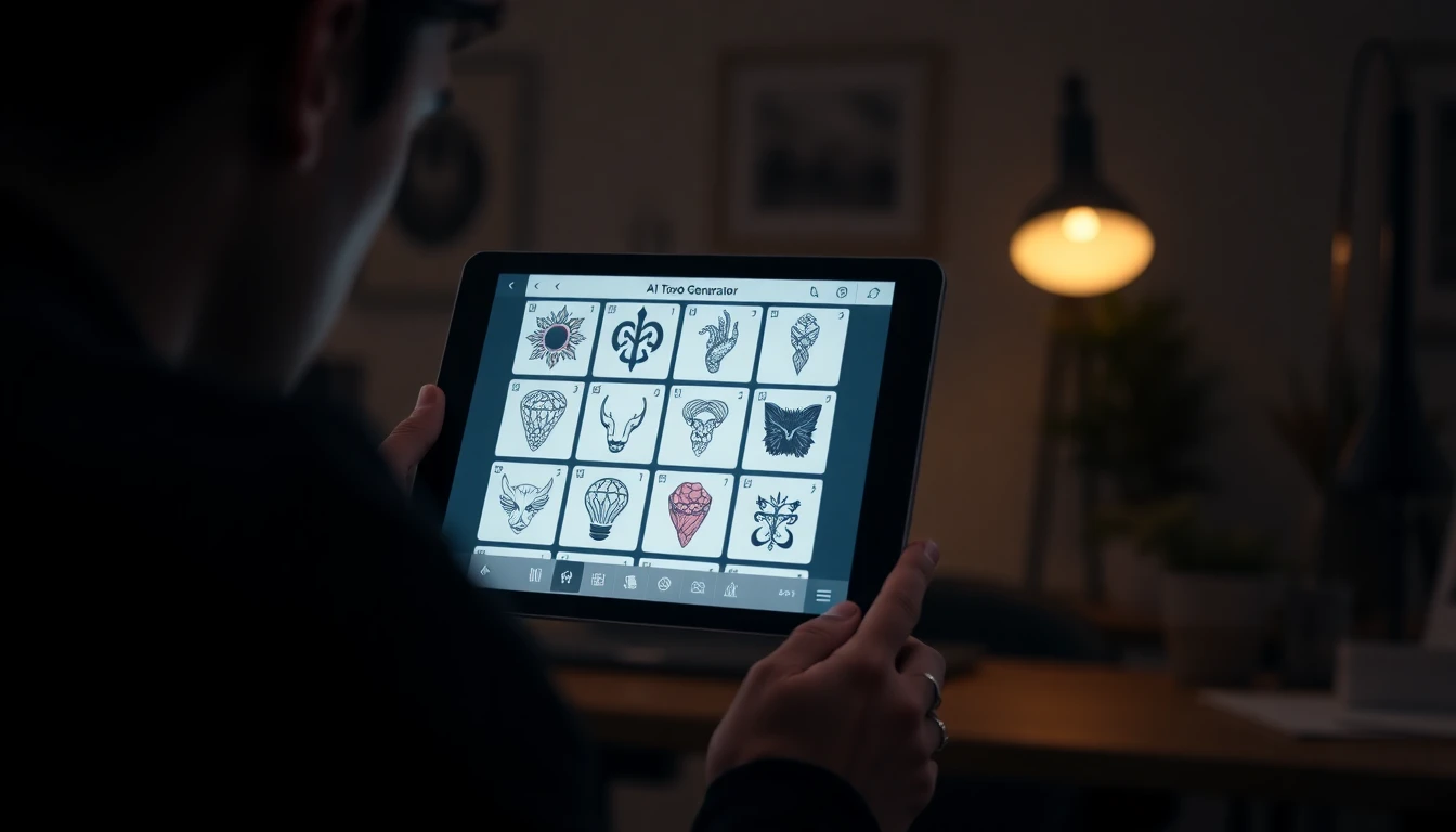 Person using AI tattoo app on tablet to brainstorm design ideas
