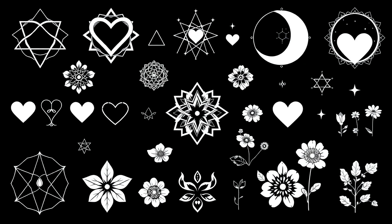 Collection of meaningful tattoo symbols including sacred geometry, nature, and spiritual elements