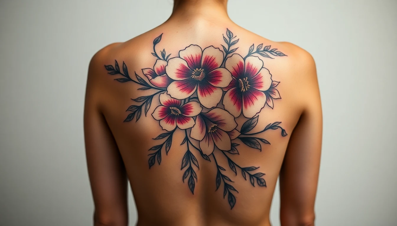 Large floral tattoo design flowing across upper back and shoulder blade