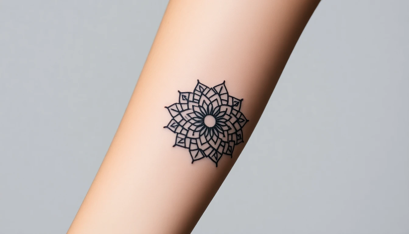 Elegant forearm tattoo placement showing geometric mandala design wrapping around arm