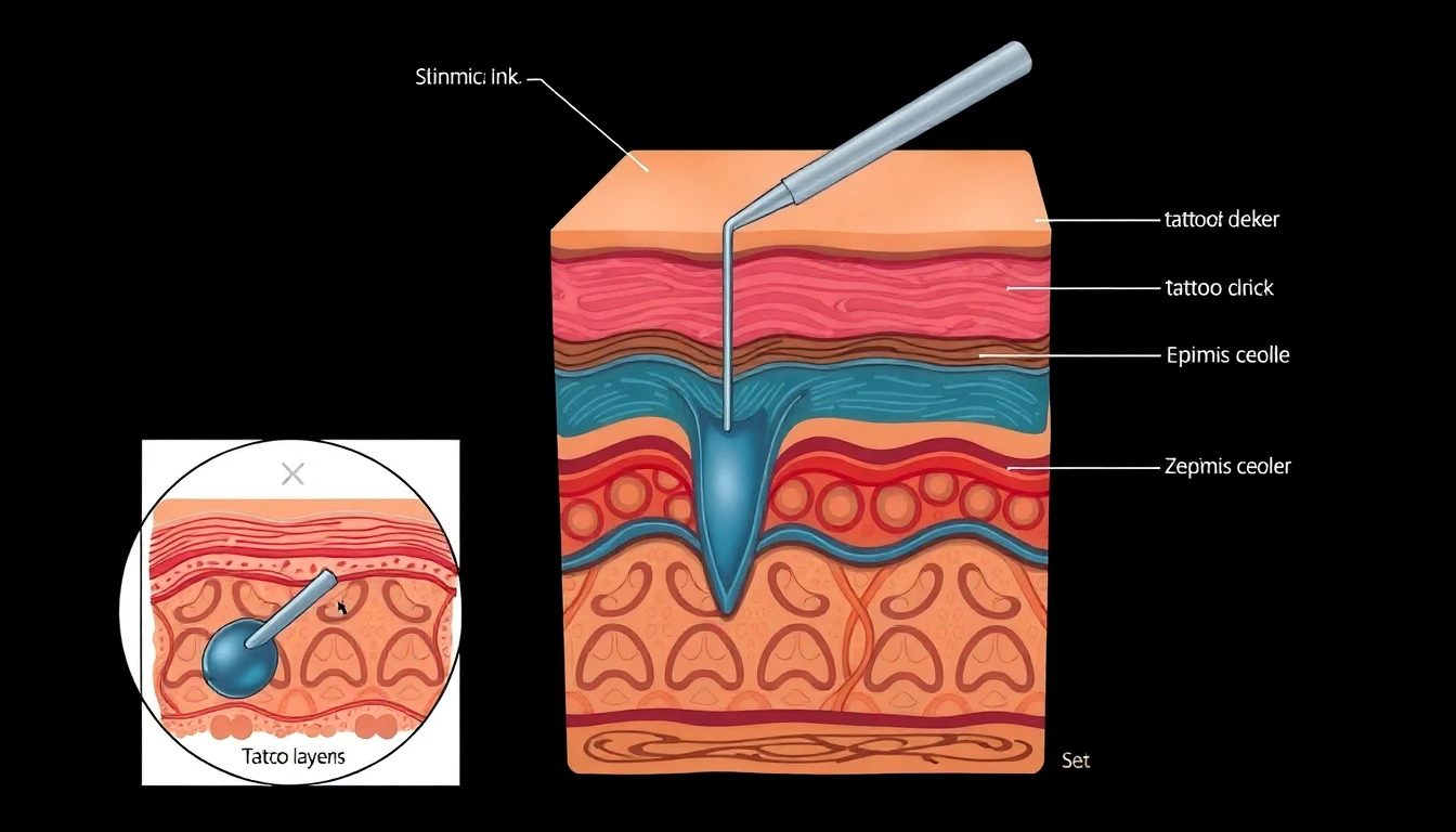 Diagram showing how tattoo ink is deposited into the dermis layer of skin