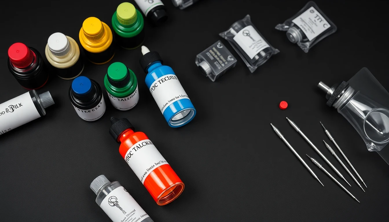 Professional tattoo ink bottles and supplies arranged on workstation