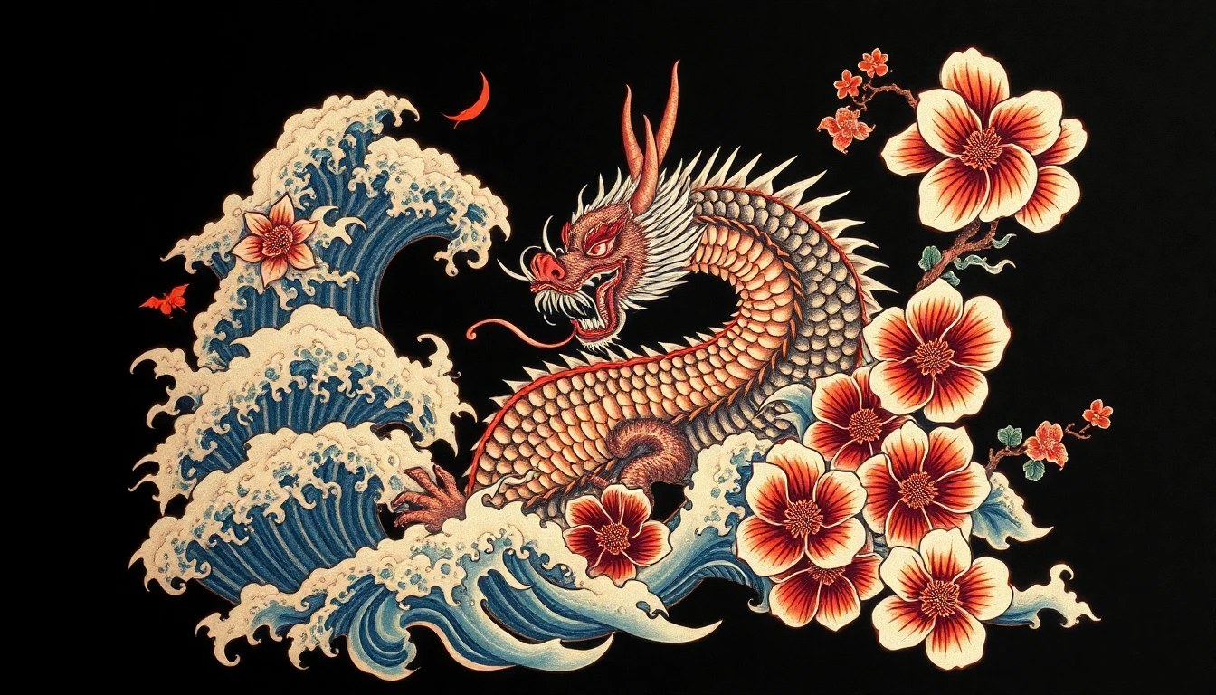 Traditional Japanese irezumi tattoo design featuring dragon with waves and cherry blossoms