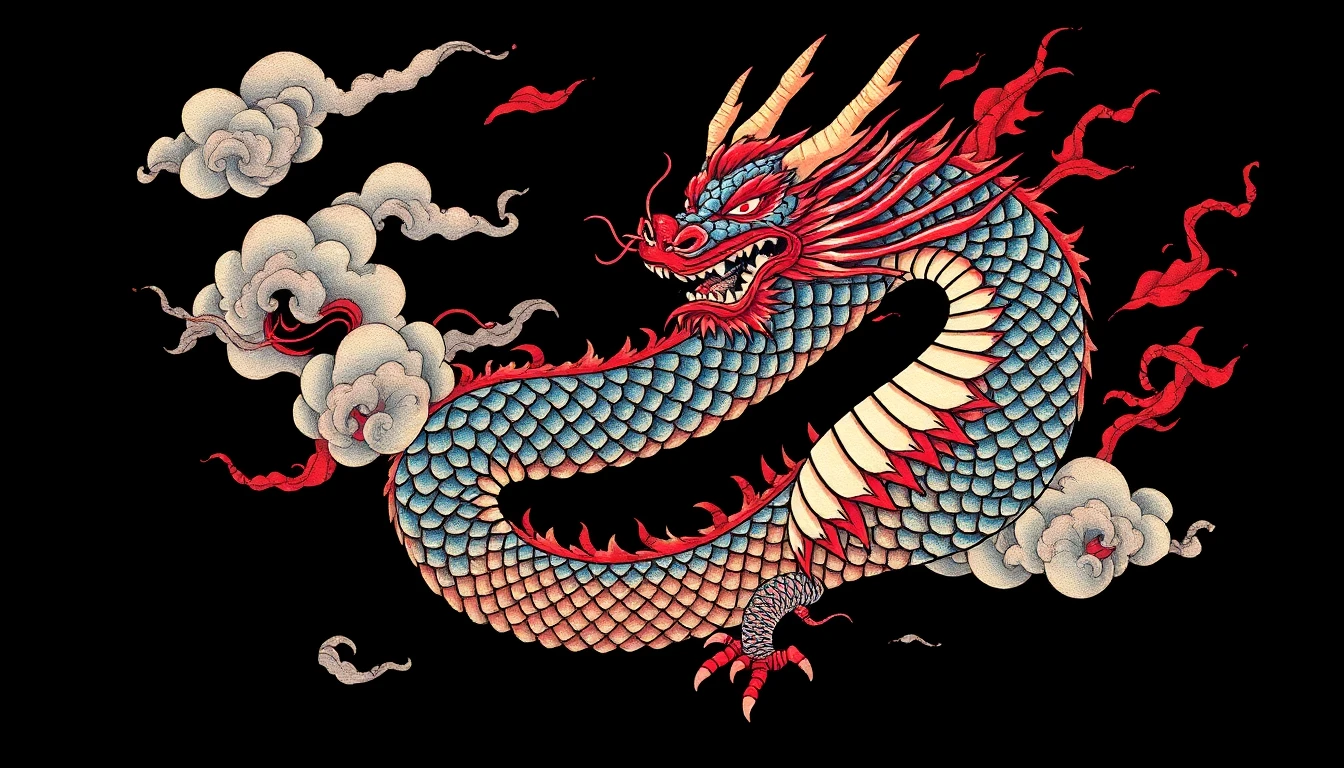 Japanese dragon tattoo design with clouds and waves representing wisdom and protection