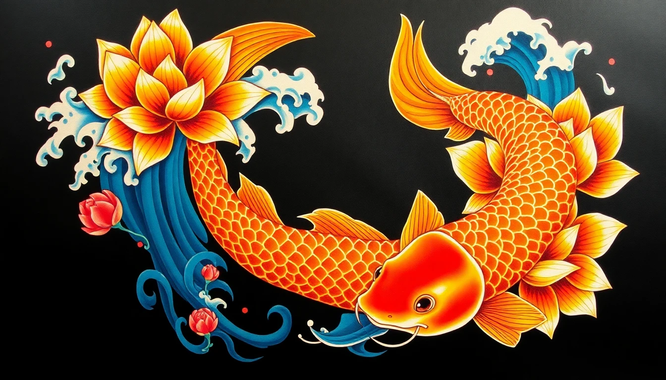 Koi fish tattoo design swimming upstream with water splashes symbolizing perseverance and transformation