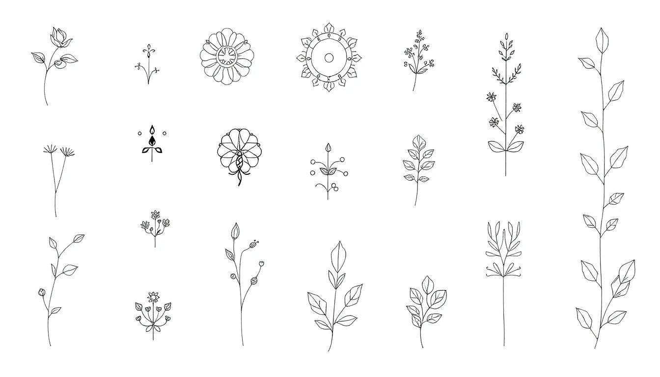 Collection of elegant minimalist tattoo designs featuring fine line art and simple symbols
