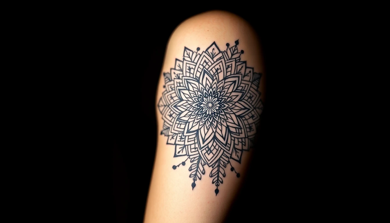 Half sleeve tattoo AI generated design showing geometric mandala with botanical elements from shoulder to elbow