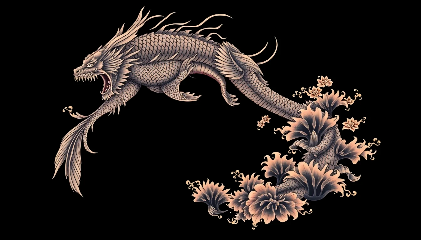 AI tattoo sleeve generator showing cohesive Japanese style full arm design with dragon and waves