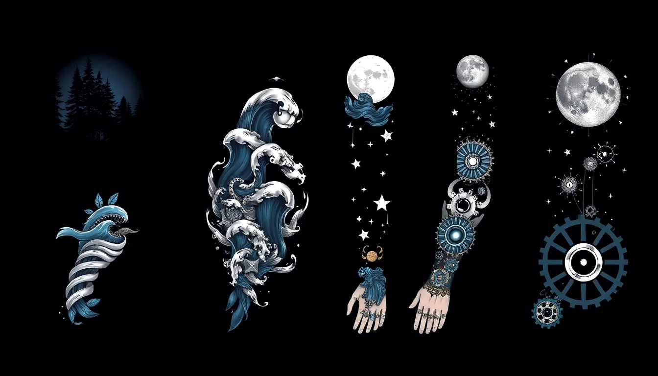 Sleeve tattoo themes collection showing nature, ocean, celestial, and biomechanical design concepts