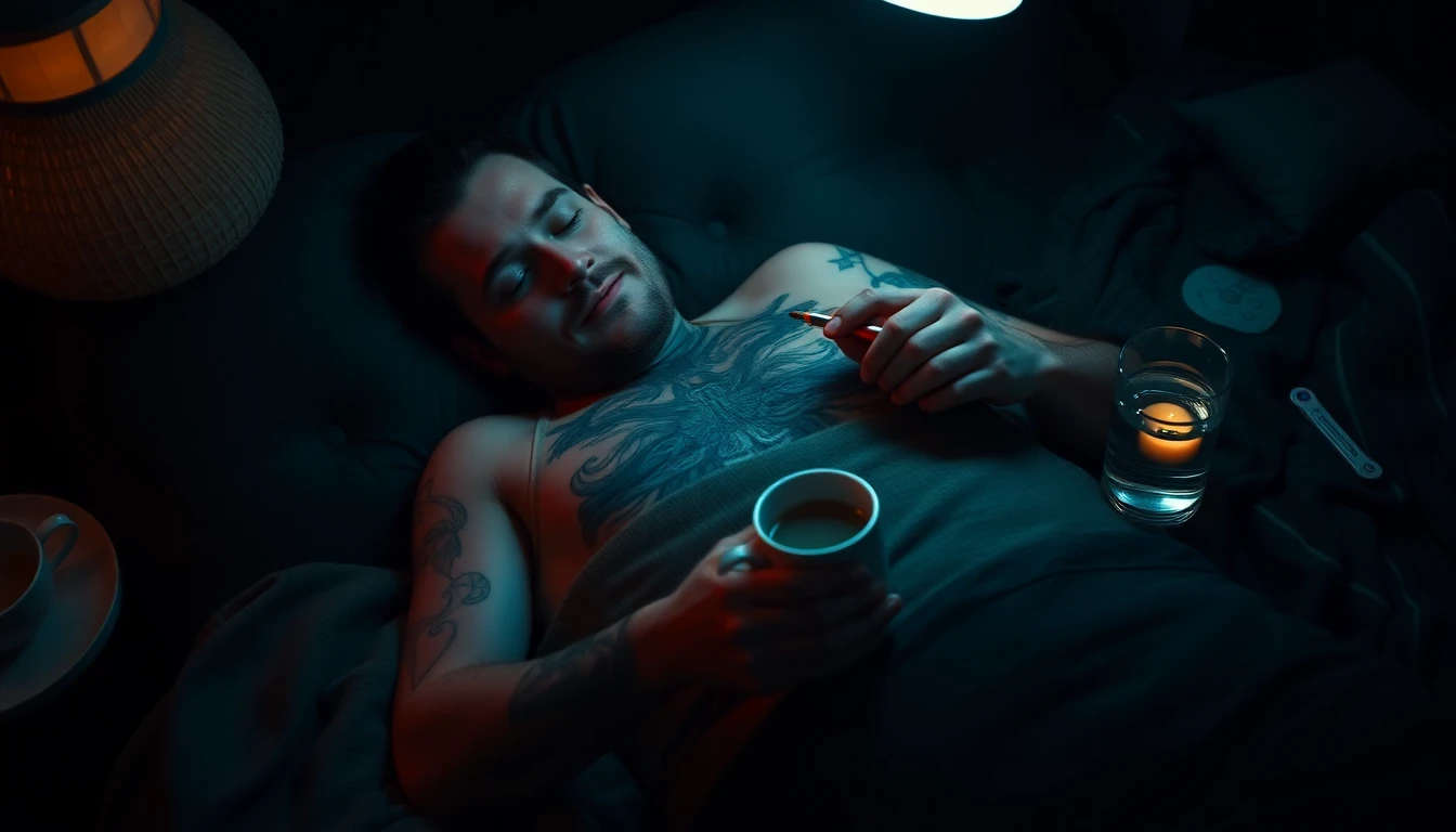 Person resting and recovering from tattoo flu symptoms with self-care items nearby