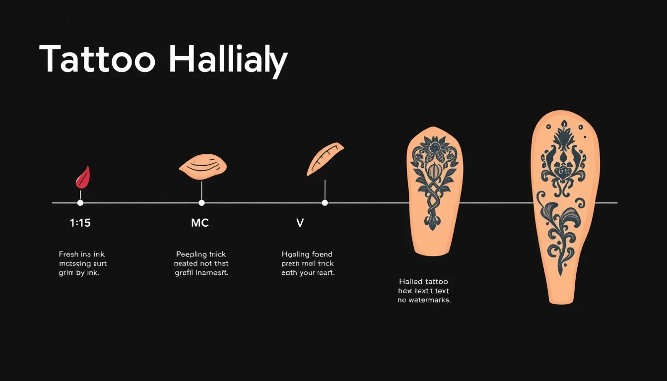 Tattoo healing stages progression showing fresh ink through peeling to fully healed tattoo