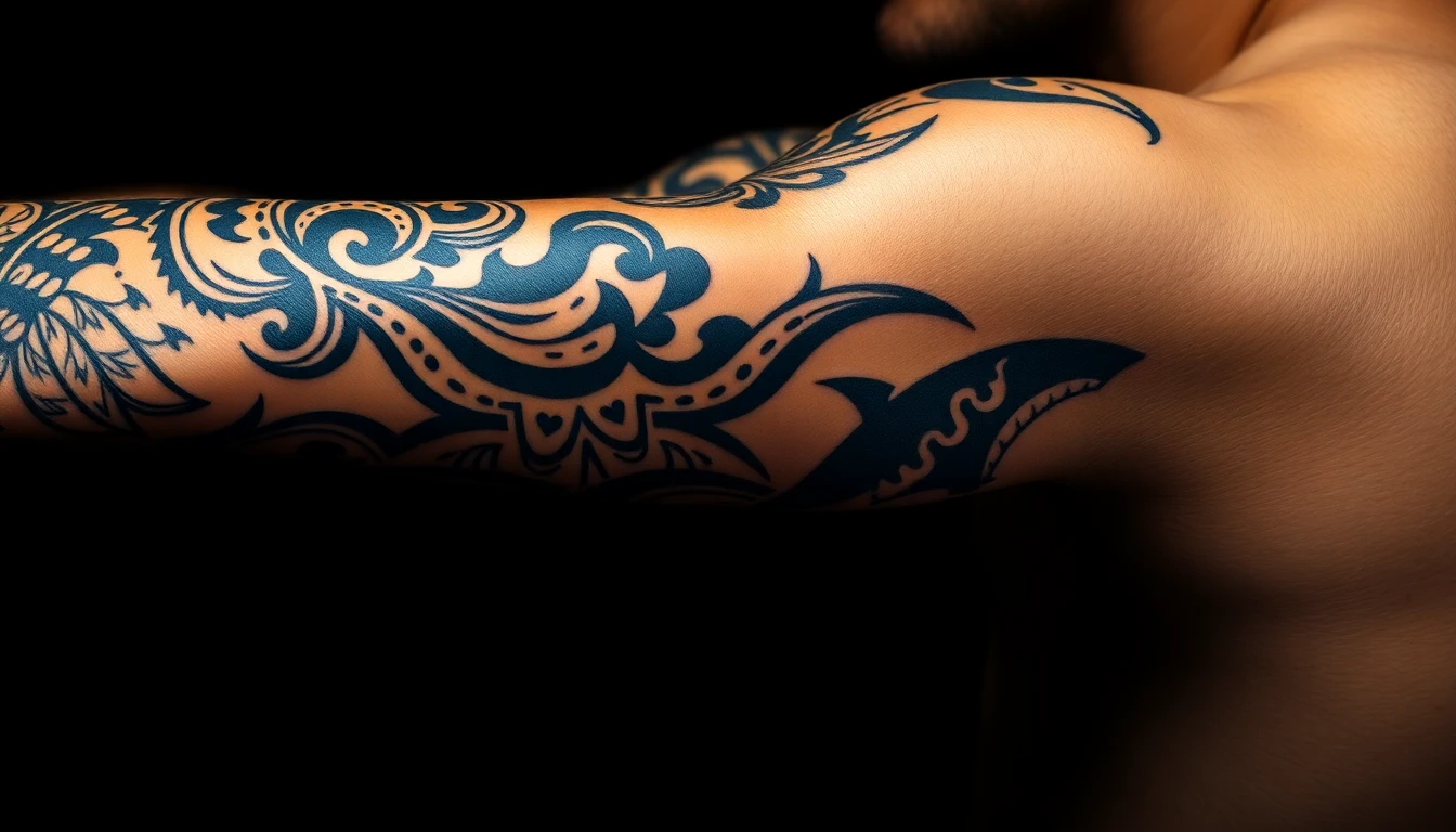 Polynesian tribal sleeve tattoo with traditional symbols and patterns